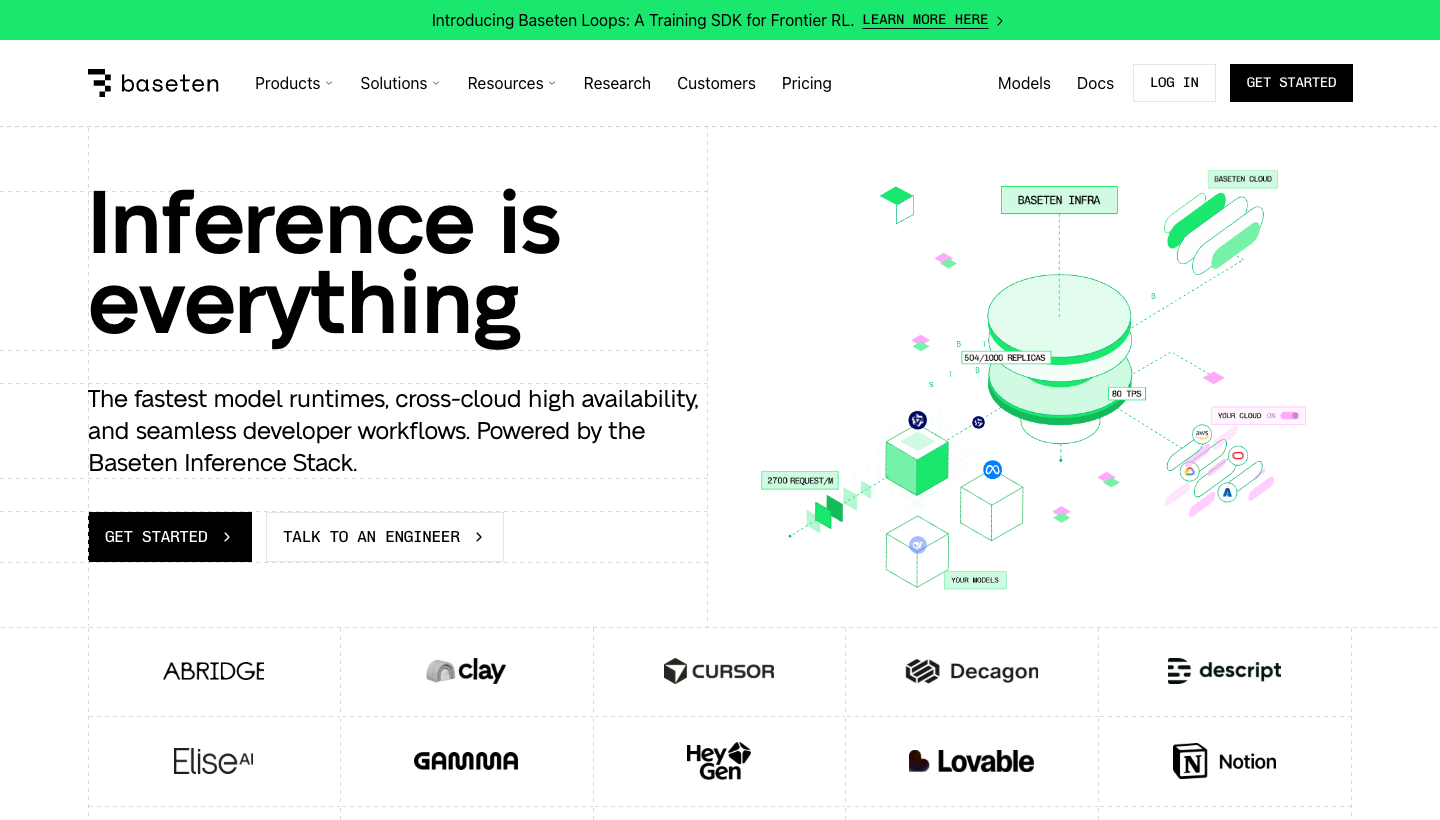Baseten homepage showing inference infrastructure, cross-cloud availability, and managed model runtime positioning