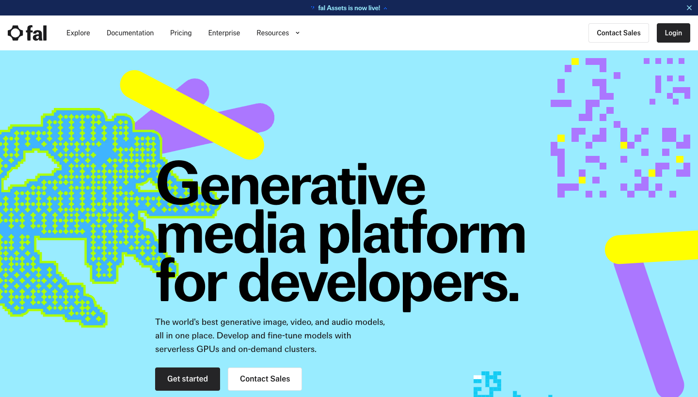 fal.ai homepage hero showing its generative media platform for developers