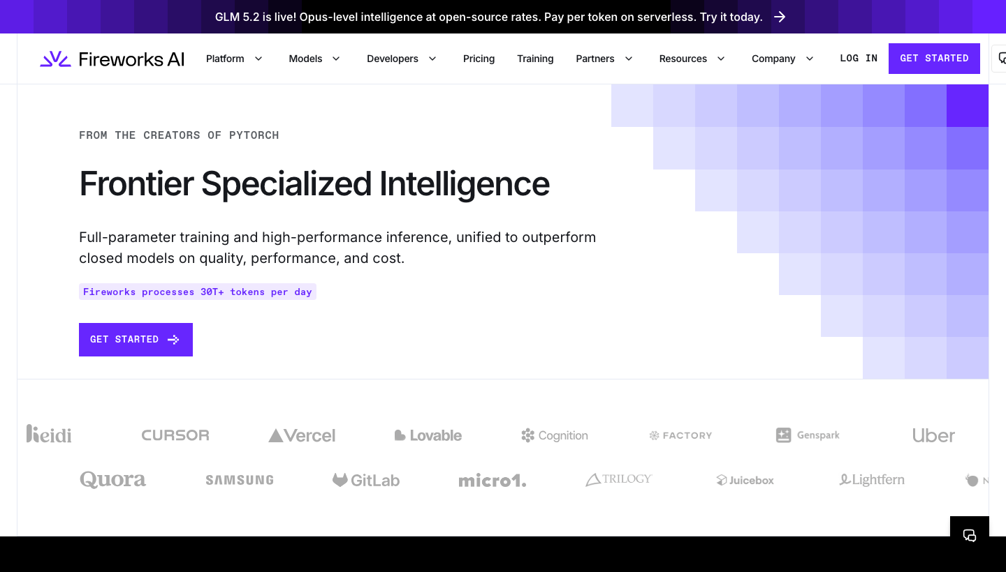 Fireworks AI homepage showing frontier specialized intelligence and serverless inference positioning