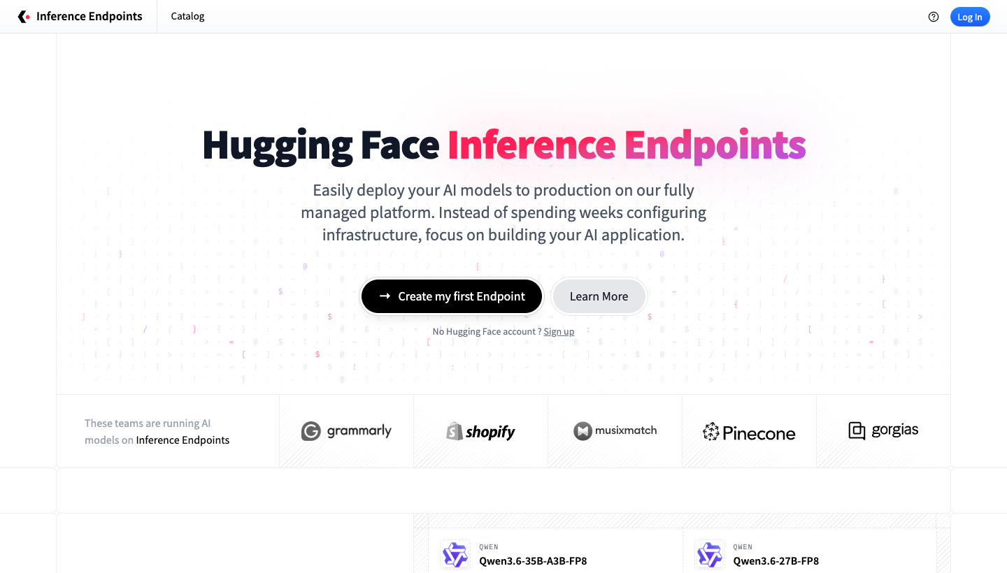 Hugging Face Inference Endpoints page showing managed endpoint deployment for open-source AI models