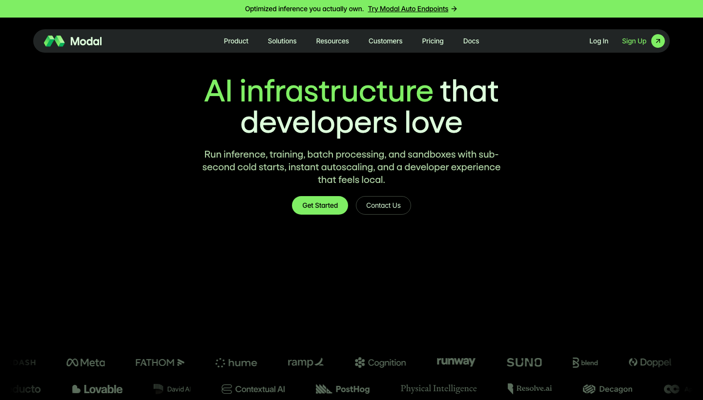 Modal homepage showing AI infrastructure for inference, training, batch processing, and serverless workloads