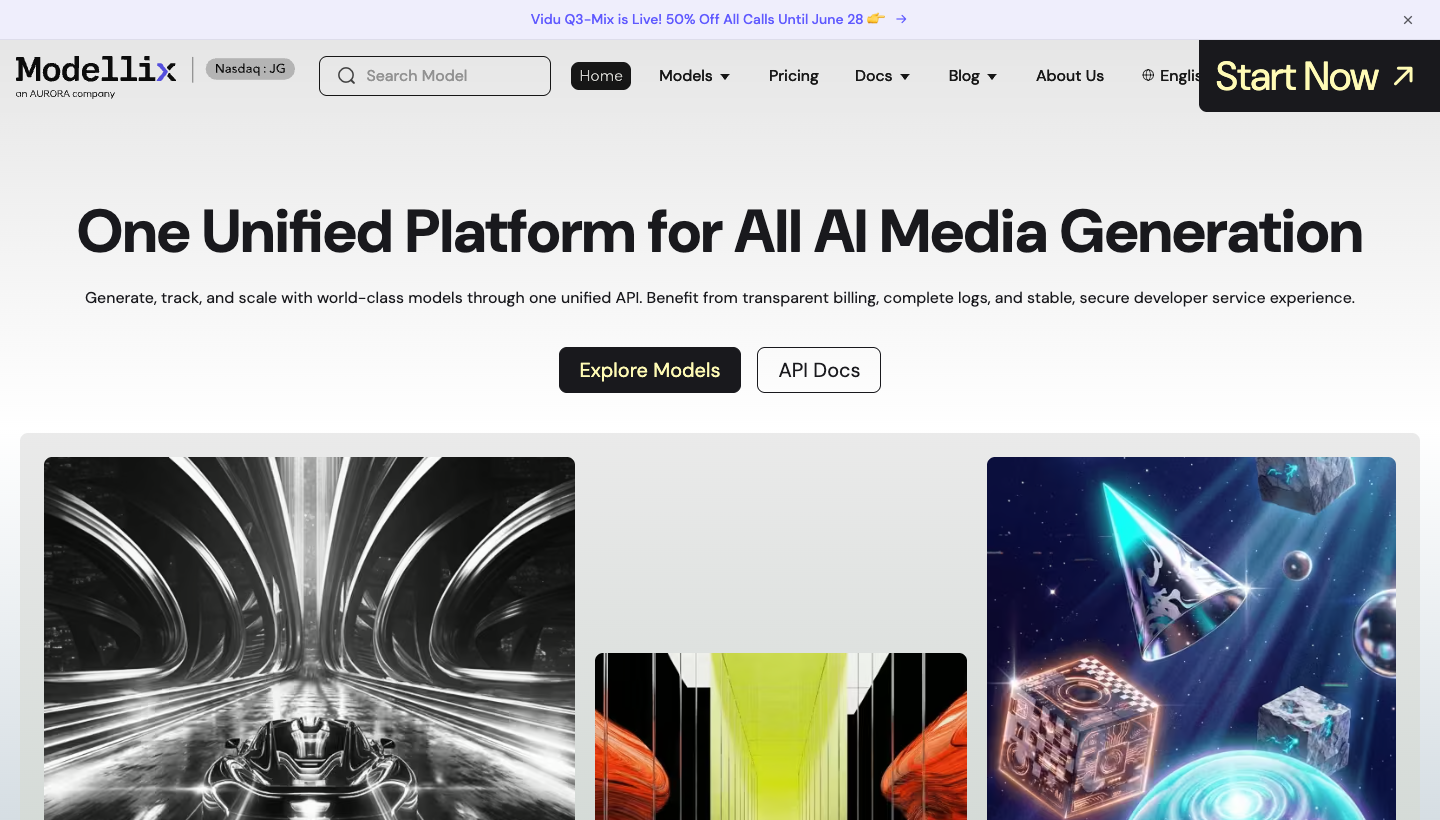 Modellix homepage hero showing one unified platform for AI media generation