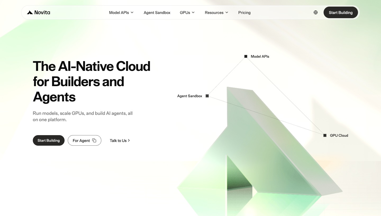 Novita AI homepage hero showing its AI-native cloud for builders and agents