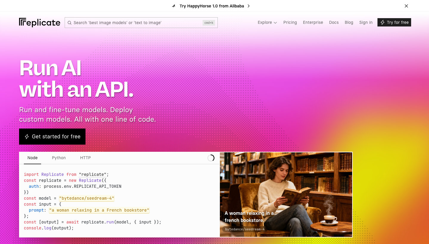 Replicate homepage showing cloud API access to open source machine learning models