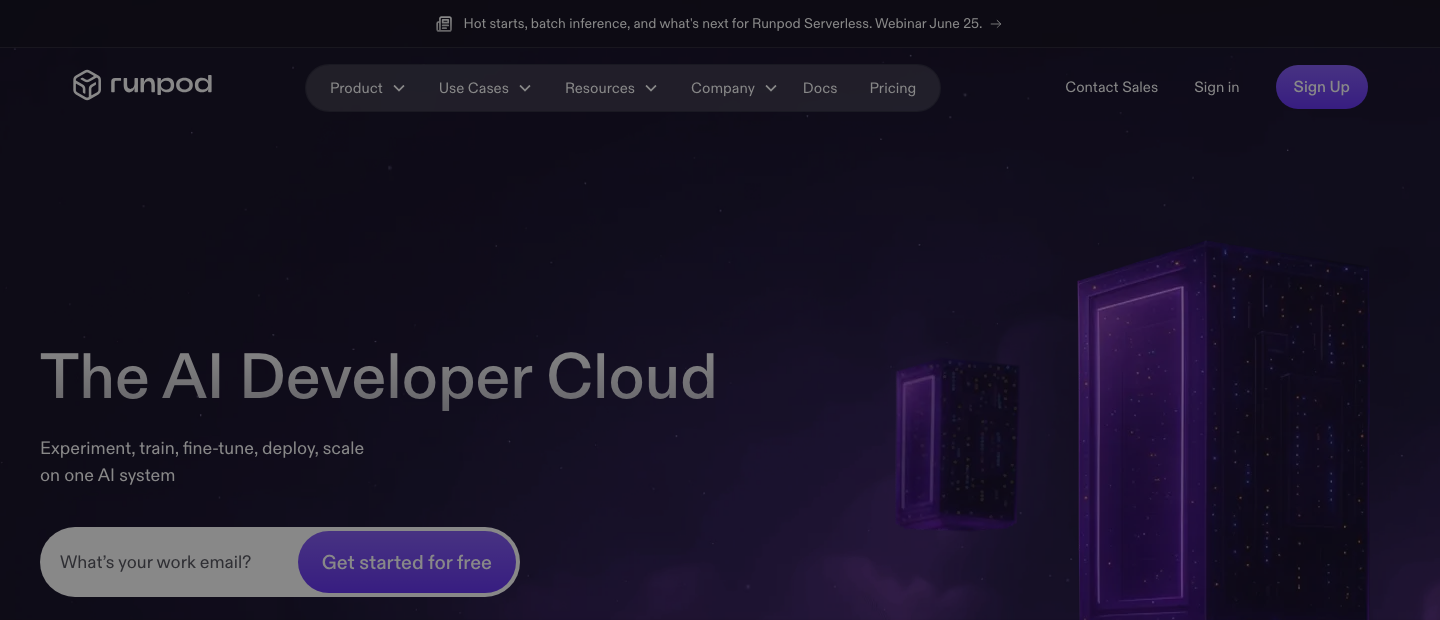 RunPod homepage showing AI developer cloud positioning for pods, serverless inference, and GPU infrastructure