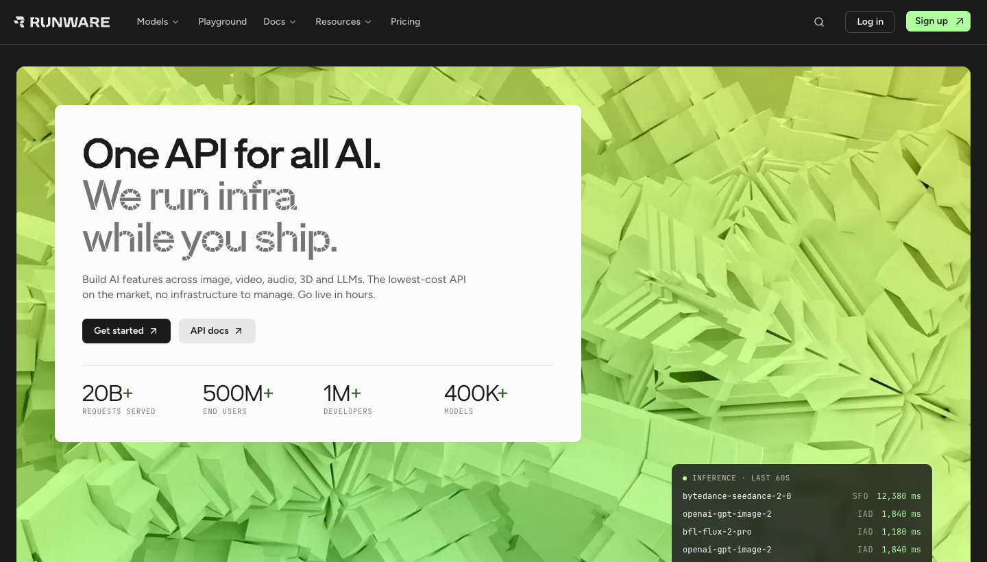 Runware homepage showing request routing, optimization, and execution for AI inference workloads