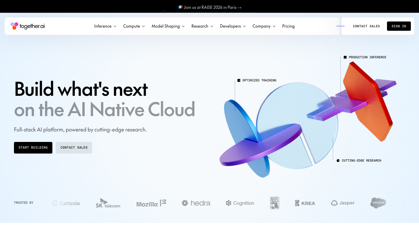 Together AI homepage hero showing its AI Native Cloud positioning