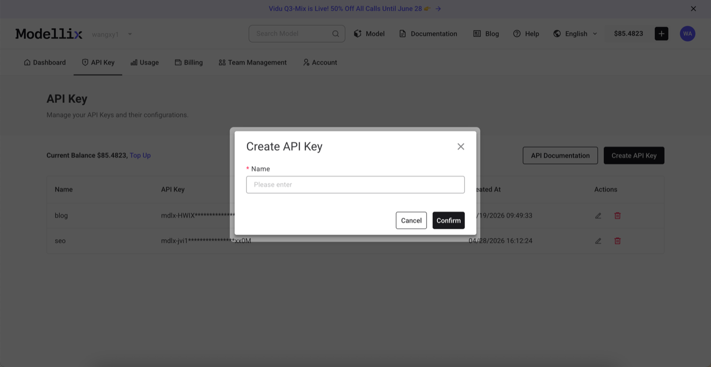 Modellix API key screen showing the create API key modal for backend, CLI, batch, and agent workflows