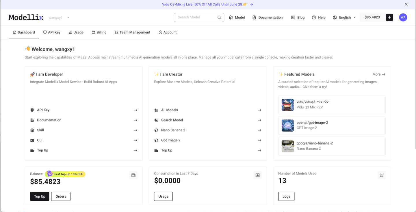 Modellix dashboard showing balance, model shortcuts, API key access, documentation, Skill, CLI, and featured models